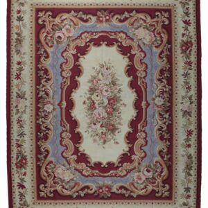 Vintage Aubusson flat weave rug, Burgundy Rose Medallion (SKU FA5109RD9X12), full view
