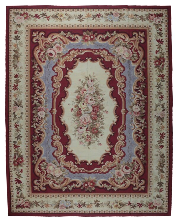 Vintage aubusson flat weave rug, burgundy rose medallion (sku fa5109rd9x12), full view