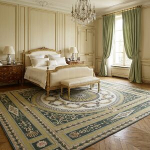Vintage Aubusson Flat Weave Rug, Green and Gold Empire Medallion (SKU FA5146GN9X12), styled in a bedroom