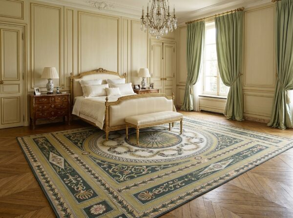 Vintage aubusson flat weave rug, green and gold empire medallion, 9' x 12' 15 Vintage aubusson flat weave rug, green and gold empire medallion (sku fa5146gn9x12), styled in a bedroom