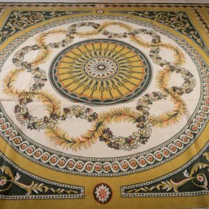 Vintage Aubusson flat weave rug, Green and Gold Empire Medallion (SKU FA5146GN9X12), detail 1