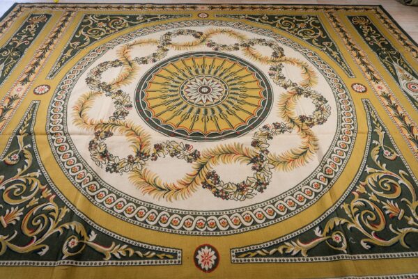 Vintage aubusson flat weave rug, green and gold empire medallion, 9' x 12' 2 Vintage aubusson flat weave rug, green and gold empire medallion (sku fa5146gn9x12), detail 1