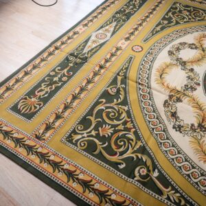 Vintage Aubusson flat weave rug, Green and Gold Empire Medallion (SKU FA5146GN9X12), detail 2