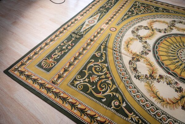 Vintage aubusson flat weave rug, green and gold empire medallion, 9' x 12' 3 Vintage aubusson flat weave rug, green and gold empire medallion (sku fa5146gn9x12), detail 2