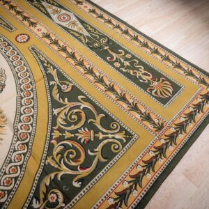 Vintage Aubusson flat weave rug, Green and Gold Empire Medallion (SKU FA5146GN9X12), detail 3