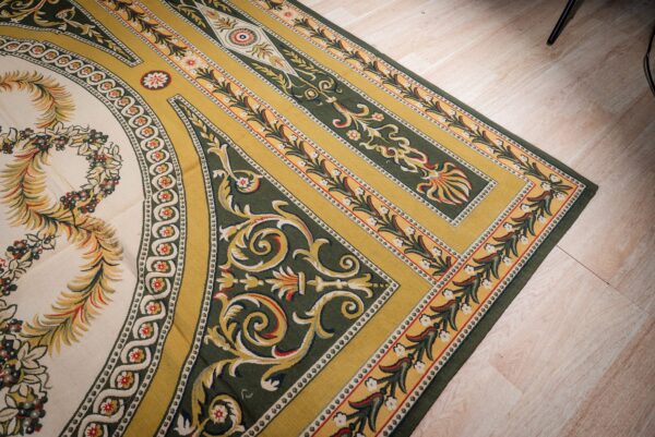Vintage aubusson flat weave rug, green and gold empire medallion, 9' x 12' 4 Vintage aubusson flat weave rug, green and gold empire medallion (sku fa5146gn9x12), detail 3