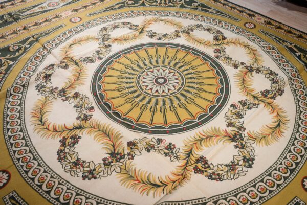 Vintage aubusson flat weave rug, green and gold empire medallion, 9' x 12' 7 Vintage aubusson flat weave rug, green and gold empire medallion (sku fa5146gn9x12), detail 6