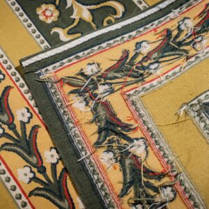 Vintage Aubusson flat weave rug, Green and Gold Empire Medallion (SKU FA5146GN9X12), detail 7