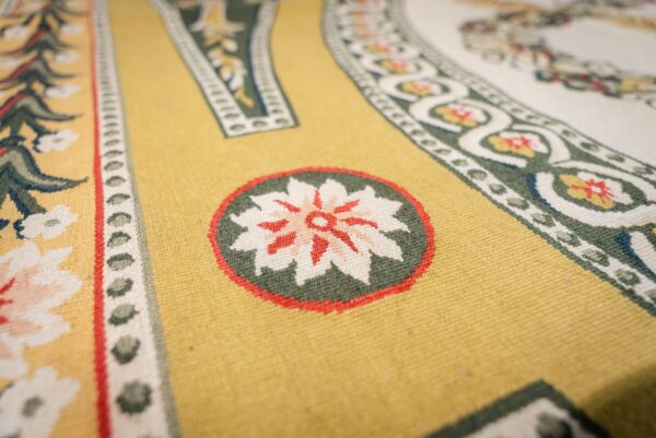 Vintage aubusson flat weave rug, green and gold empire medallion, 9' x 12' 12 Vintage aubusson flat weave rug, green and gold empire medallion (sku fa5146gn9x12), detail 11