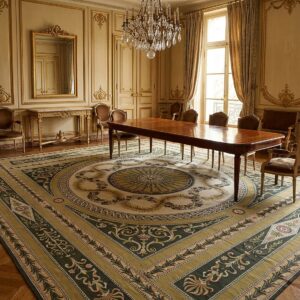 Vintage Aubusson Flat Weave Rug, Green and Gold Empire Medallion (SKU FA5146GN9X12), styled in a dining room