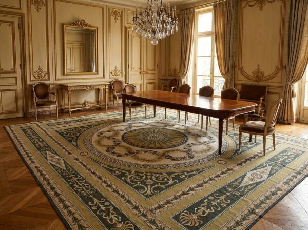 Vintage aubusson flat weave rug, green and gold empire medallion, 9' x 12' 14 Vintage aubusson flat weave rug, green and gold empire medallion (sku fa5146gn9x12), styled in a dining room