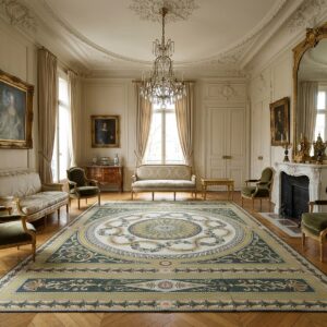 Vintage Aubusson Flat Weave Rug, Green and Gold Empire Medallion (SKU FA5146GN9X12), styled in a living room