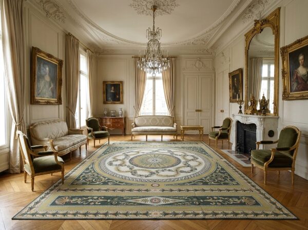 Vintage aubusson flat weave rug, green and gold empire medallion, 9' x 12' 13 Vintage aubusson flat weave rug, green and gold empire medallion (sku fa5146gn9x12), styled in a living room