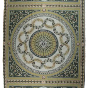 Vintage Aubusson flat weave rug, green gold empire medallion (SKU FA5146GN9X12), full view