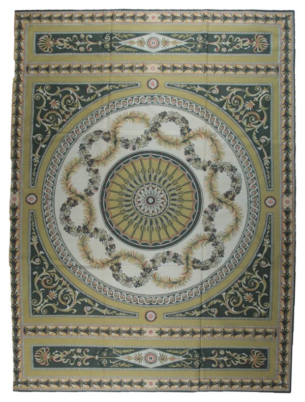 Vintage aubusson flat weave rug, green and gold empire medallion, 9' x 12' 1 Vintage aubusson flat weave rug, green gold empire medallion (sku fa5146gn9x12), full view