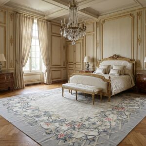 Vintage Aubusson Flat Weave Rug, Grey Grapevine Trellis (SKU FA5151GY9X12), styled in a bedroom