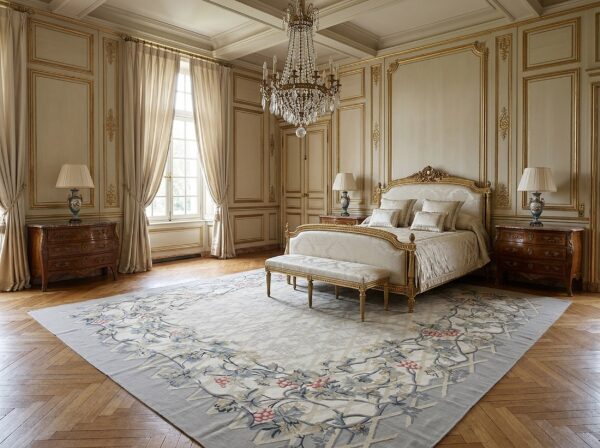 Vintage aubusson flat weave rug, grey grapevine trellis, 9' x 12' 12 Vintage aubusson flat weave rug, grey grapevine trellis (sku fa5151gy9x12), styled in a bedroom