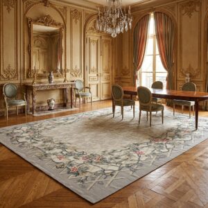 Vintage Aubusson Flat Weave Rug, Grey Grapevine Trellis (SKU FA5151GY9X12), styled in a dining room