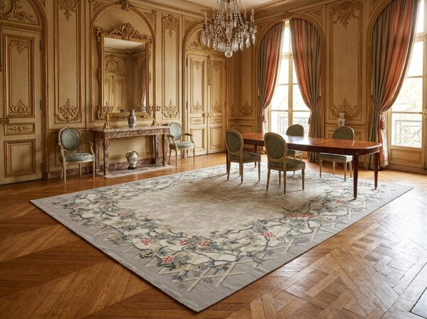 Vintage aubusson flat weave rug, grey grapevine trellis, 9' x 12' 11 Vintage aubusson flat weave rug, grey grapevine trellis (sku fa5151gy9x12), styled in a dining room