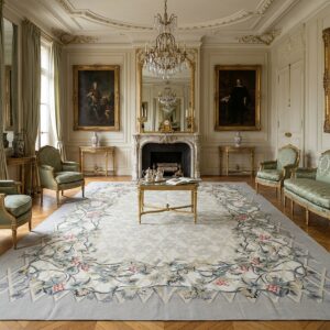 Vintage Aubusson Flat Weave Rug, Grey Grapevine Trellis (SKU FA5151GY9X12), styled in a living room