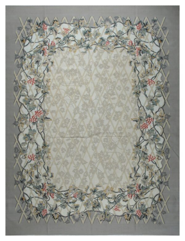Vintage aubusson flat weave rug, grey grapevine trellis, 9' x 12' 1 Vintage aubusson flat weave rug, grey grapevine trellis (sku fa5151gy9x12), full view