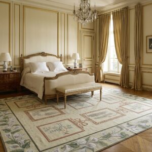 Vintage Aubusson Flat Weave Rug, Ivory Botanical Panel (SKU FA5136IV8X10), styled in a bedroom
