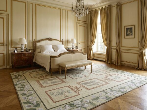 Vintage aubusson flat weave rug, ivory botanical panel (sku fa5136iv8x10), styled in a bedroom