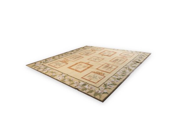 Vintage aubusson flat weave rug, ivory botanical panel (sku fa5136iv8x10), detail 1