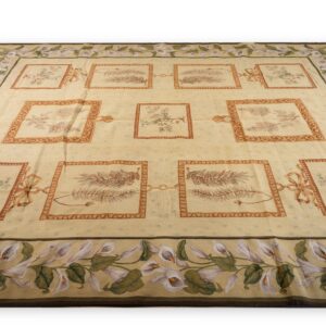 Vintage Aubusson flat weave rug, Ivory Botanical Panel (SKU FA5136IV8X10), detail 2