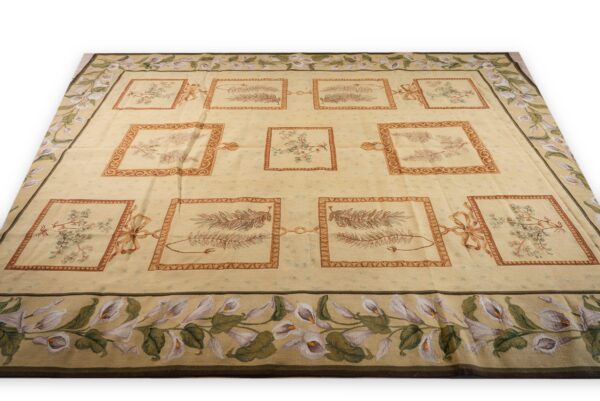 Vintage aubusson flat weave rug, ivory botanical panel (sku fa5136iv8x10), detail 2