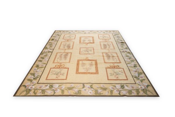 Vintage aubusson flat weave rug, ivory botanical panel (sku fa5136iv8x10), detail 3