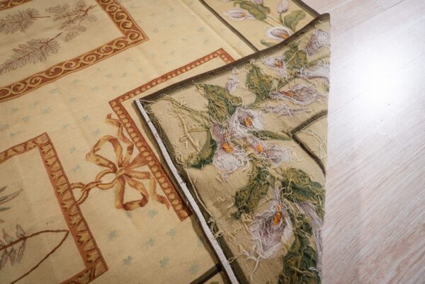Vintage aubusson flat weave rug, ivory botanical panel (sku fa5136iv8x10), detail 7