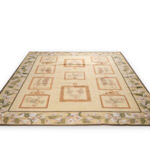 Vintage Aubusson flat weave rug, Ivory Botanical Panel (SKU FA5136IV8X10), detail 9