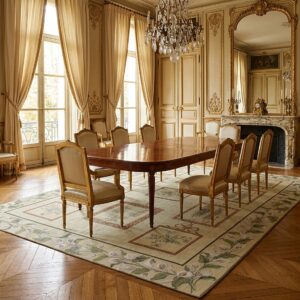 Vintage Aubusson Flat Weave Rug, Ivory Botanical Panel (SKU FA5136IV8X10), styled in a dining room