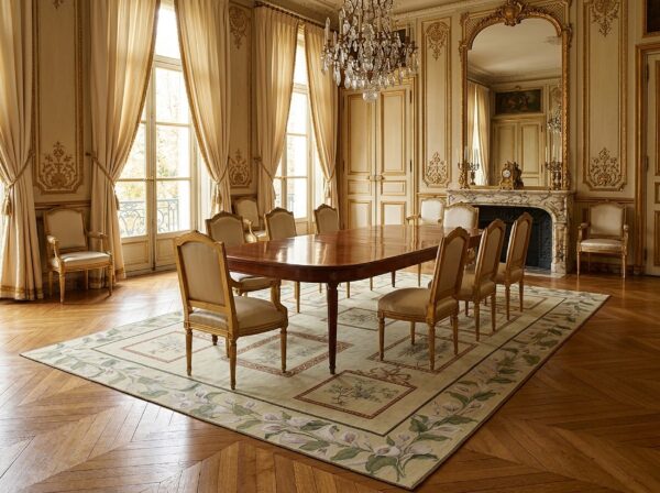 Vintage aubusson flat weave rug, ivory botanical panel (sku fa5136iv8x10), styled in a dining room