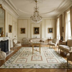 Vintage Aubusson Flat Weave Rug, Ivory Botanical Panel (SKU FA5136IV8X10), styled in a living room