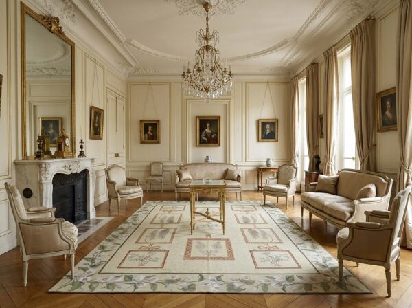Vintage aubusson flat weave rug, ivory botanical panel (sku fa5136iv8x10), styled in a living room
