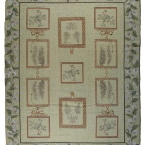 Vintage Aubusson flat weave rug, ivory botanical panel (SKU FA5136IV8X10), full view