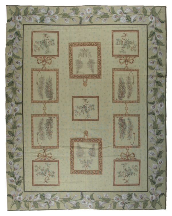 Vintage aubusson flat weave rug, ivory botanical panel (sku fa5136iv8x10), full view