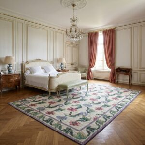 Vintage Aubusson Flat Weave Rug, Ivory Garden Blossom (SKU FA5142IV9X12), styled in a bedroom