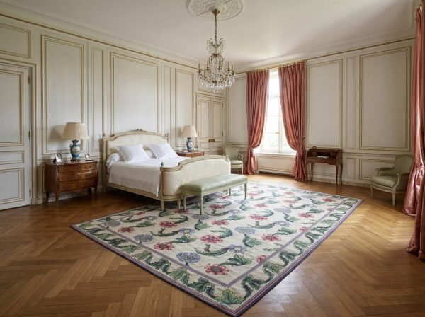 Vintage aubusson flat weave rug, ivory garden blossom, 9' x 12' 12 Vintage aubusson flat weave rug, ivory garden blossom (sku fa5142iv9x12), styled in a bedroom