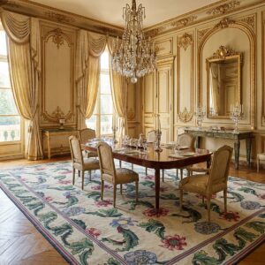 Vintage Aubusson Flat Weave Rug, Ivory Garden Blossom (SKU FA5142IV9X12), styled in a dining room