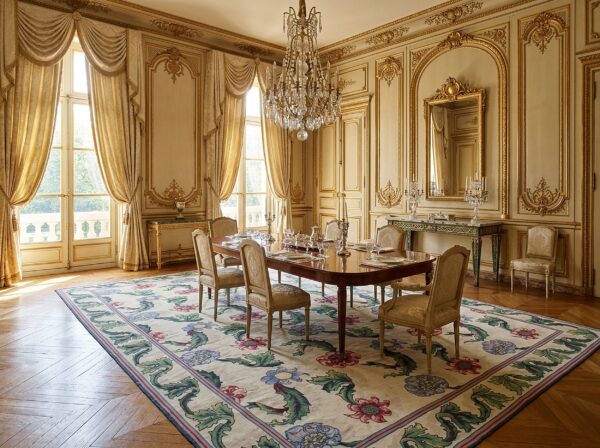 Vintage aubusson flat weave rug, ivory garden blossom, 9' x 12' 11 Vintage aubusson flat weave rug, ivory garden blossom (sku fa5142iv9x12), styled in a dining room