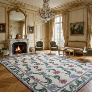 Vintage Aubusson Flat Weave Rug, Ivory Garden Blossom (SKU FA5142IV9X12), styled in a living room