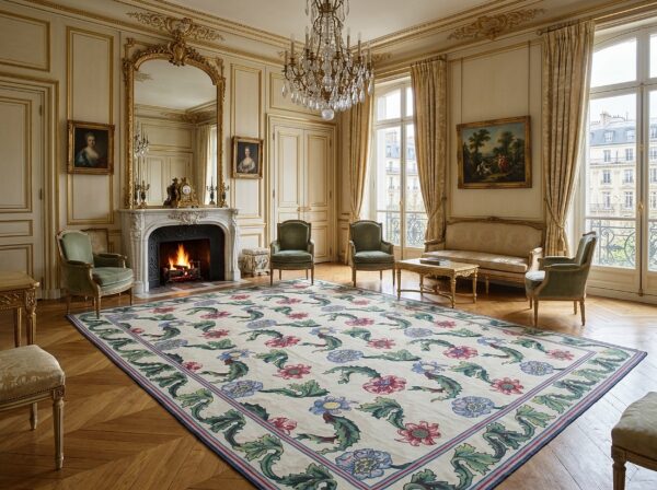 Vintage aubusson flat weave rug, ivory garden blossom, 9' x 12' 10 Vintage aubusson flat weave rug, ivory garden blossom (sku fa5142iv9x12), styled in a living room