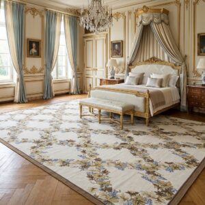 Vintage Aubusson Flat Weave Rug, Ivory Grapevine Lattice (SKU FA5176IV9X12), styled in a bedroom