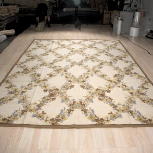 Vintage Aubusson flat weave rug, Ivory Grapevine Lattice (SKU FA5176IV9X12), detail 1