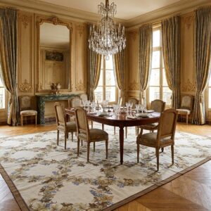 Vintage Aubusson Flat Weave Rug, Ivory Grapevine Lattice (SKU FA5176IV9X12), styled in a dining room