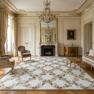 Vintage Aubusson Flat Weave Rug, Ivory Grapevine Lattice (SKU FA5176IV9X12), styled in a living room