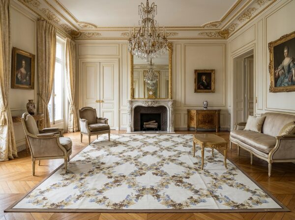 Vintage aubusson flat weave rug, ivory grapevine lattice, 9' x 12' 12 Vintage aubusson flat weave rug, ivory grapevine lattice (sku fa5176iv9x12), styled in a living room